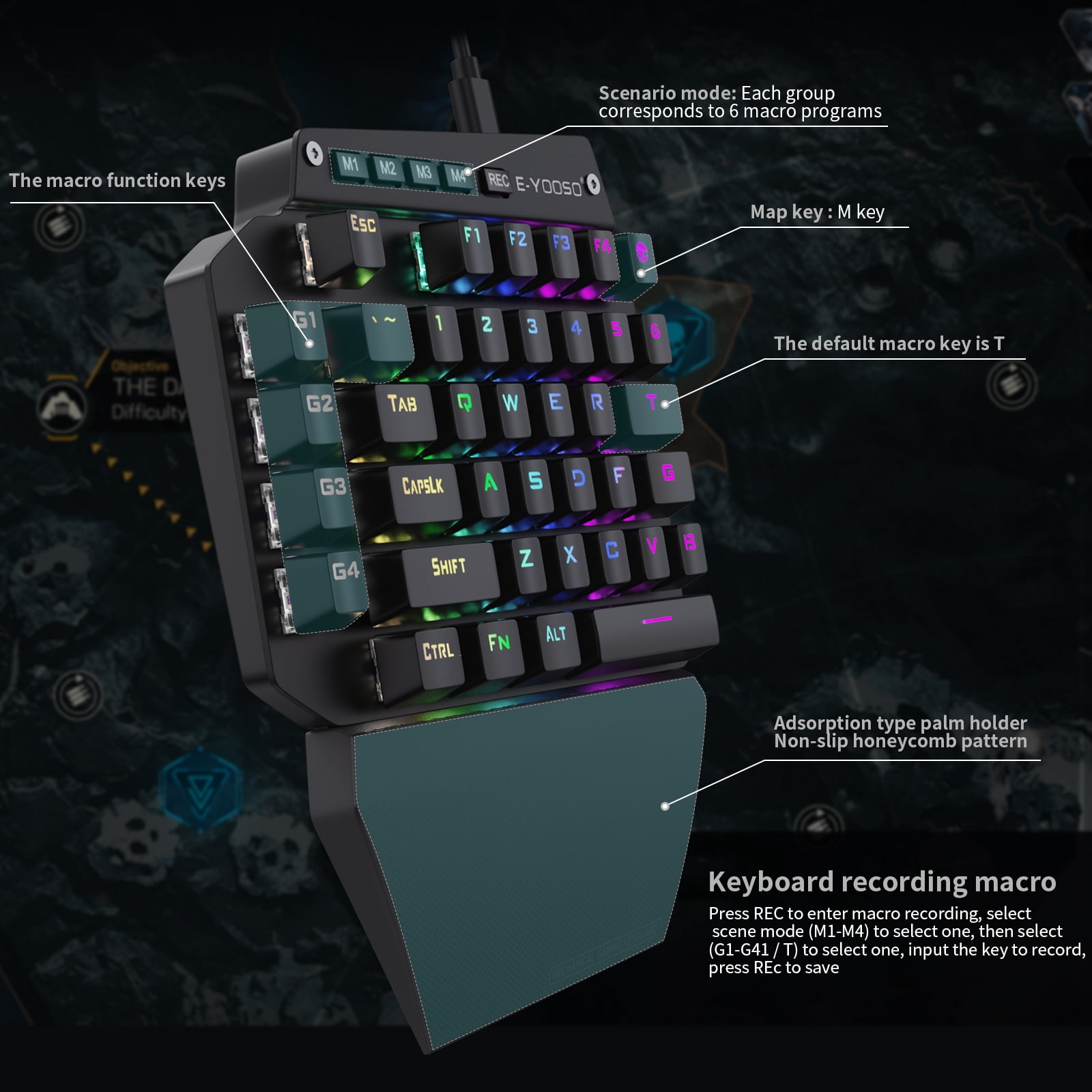E-Yooso K700 One-Handed 44-Key USB Wired Mechanical Gaming Keyboard RGB Backlight Plug and Play Suitable for Desktop, Laptop
