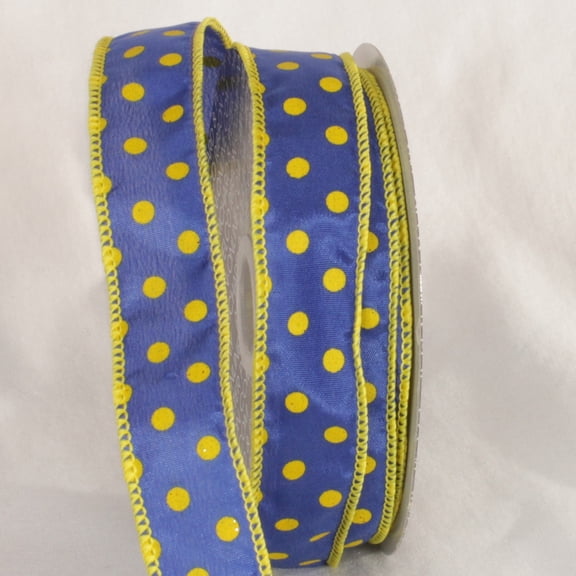 The Ribbon People Blue and Yellow Polka Dots Printed Wired Craft Ribbon 1" x 80 Yards