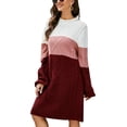thumbnail image 1 of Vestido tipo suéter con bloques de color para mujer, cuello redondo, suelto, de moda, manga larga, vestido tipo suéter para uso diario, rojo vino XL, 1 of 7