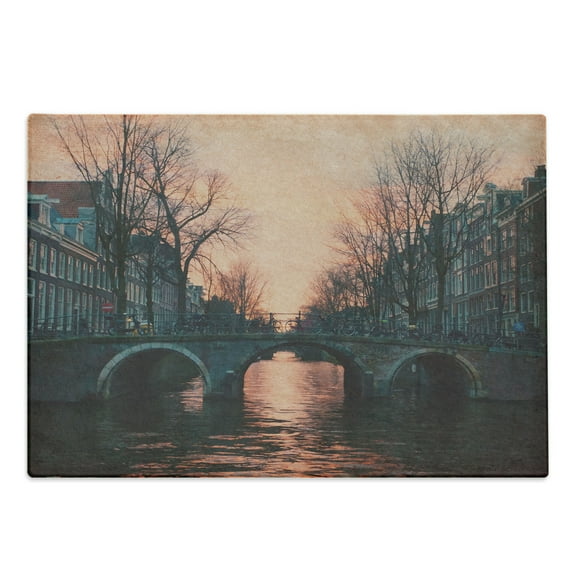 Landscape Cutting Board, Evening in Amsterdam Netherlands Scandinavian Aurora Borealis River Bridge Image, Decorative Tempered Glass Cutting and Serving Board, Large Size, Pink Grey, by Ambesonne