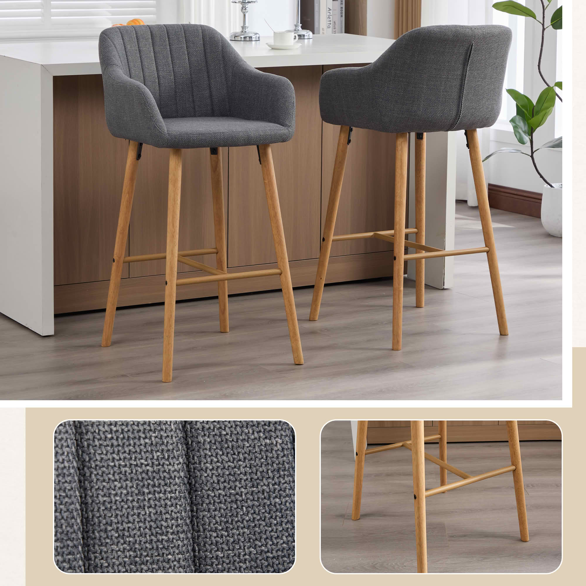 MAYEERTY Bar Stools Set of 2, Linen Kitchen Island Chairs with Back, Arms, Footrest and Solid Oak Legs, Gray