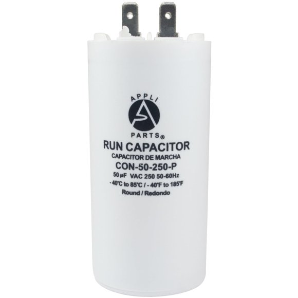 Appli Parts Run Capacitor for electric motors 50 Mfd uF (microfarads) 250VAC Plastic Case with terminals CBB60 Round Universal fit water pumps and others 4-1/4 in High 1-3/4 in Wide CON-50-250-P