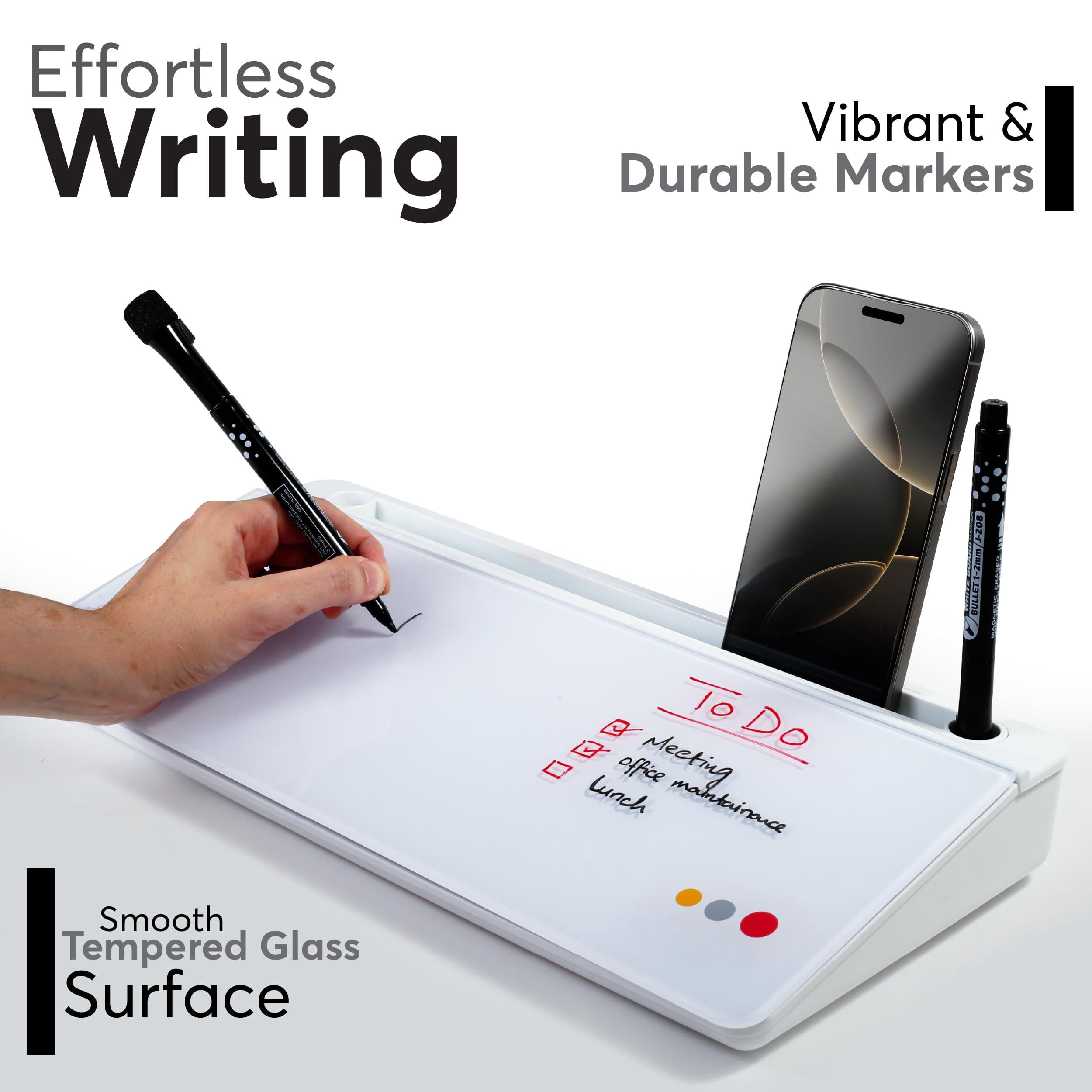Small Glass Desktop Whiteboard With Storage 15.3"x7.08"x2.16" Inch Desk White Board Markers & Duster  Dry Erase Buddy Organizer For Home Office School (white)