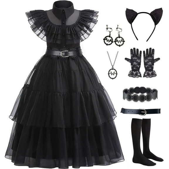 Lstmmwd Black Dress Up Addams Costume for Girls Birthday Party Halloween Cosplay Outfit with Accessories 3-12Y