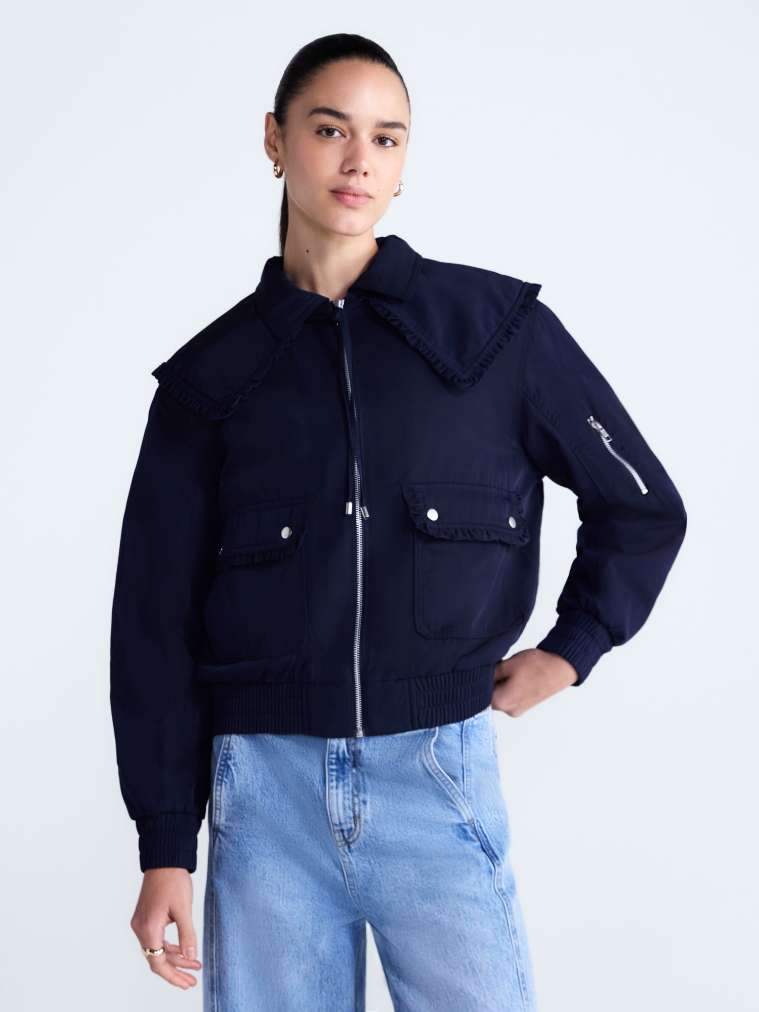 Free Assembly Women's and Women's Plus Ruffle Collar Bomber Jacket, Sizes XS-4X