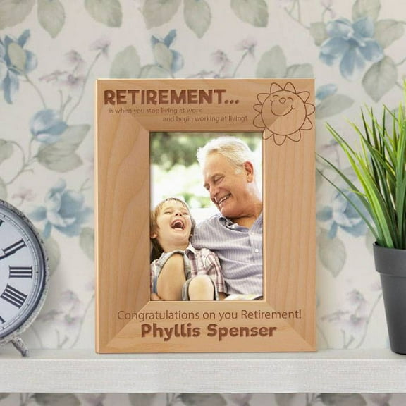 Congratulations on Your Retirement Personalized Wooden Picture Frame 3 1/2" x 5" Brown (Vertical)