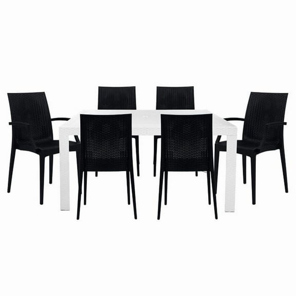28 x 55 x 31 in. Mace Mid-Century 7 Piece Rectangular Outdoor Dining Set with 4 Side Chair & 2 Armchairs, White & Black