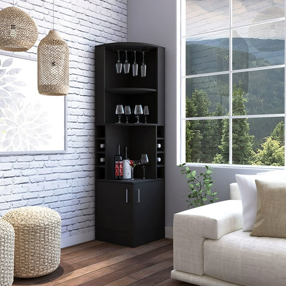 Kava Corner Bar Cabinet with 8 Cubbies / Easy Assembly, 12-Glass Storage