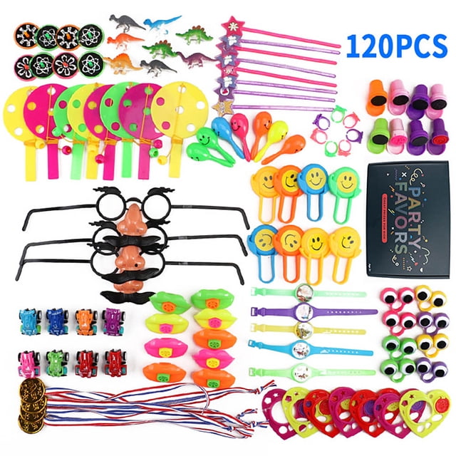 surtido de juguetes de recuerdo de fiesta para niños, juguetes a granel para regalos de cumpleaños, premios de carnaval, recompensas en el aula, 120 uds. Vista cenital de 120 piezas surtidas en ABS: silbatos, relojes de juguete, anillos, medallas con cordón, carros de retroceso, dinosaurios, máscaras con gafas y narices, palos con estrella, tablas de olas, OVNI, ojos saltarines y otros accesorios coloridos; ideal para cofres del tesoro, relleno de piñatas o bolsas de regalo, adecuado como premio o recuerdo de fiesta.