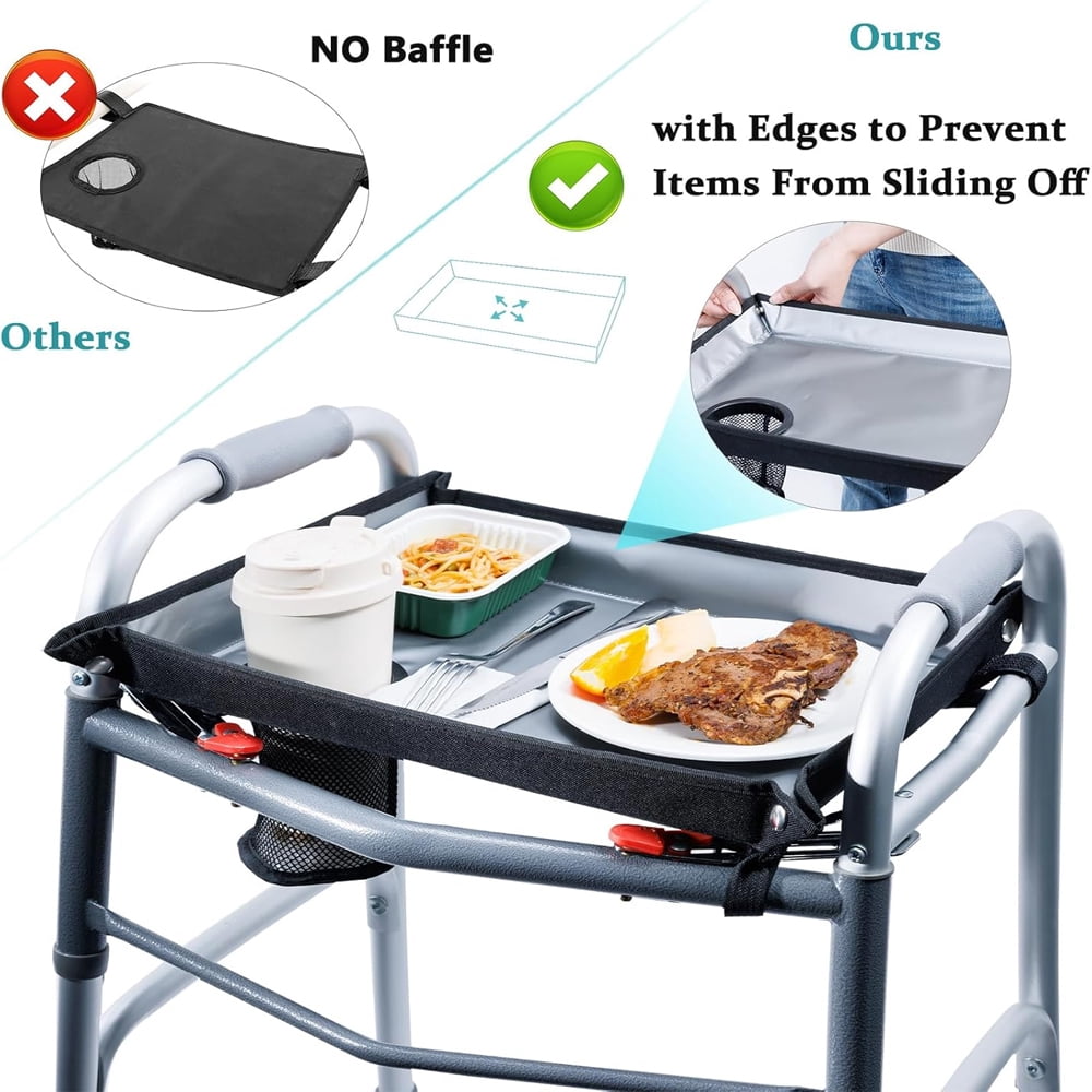 Walker Tray Table  with Cup Holders, Non Slip Walker Tray for Senior, Fits Most Standard Folding Walkers, Walker Accessory for Meals, Drinks, Reading, Black