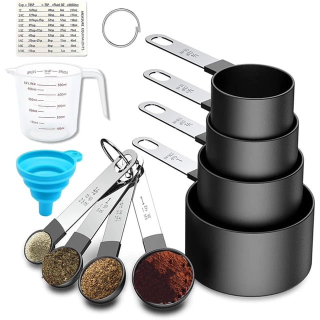 11 Cucharas Medidoras y Tazas Medidoras de Cocina, con Measuring Cup de Graduadas, Embudo Plegable y Tarjeta de medición magnética, acero inoxidable para Medir Líquidos y Los Ingredientes (Rosa)