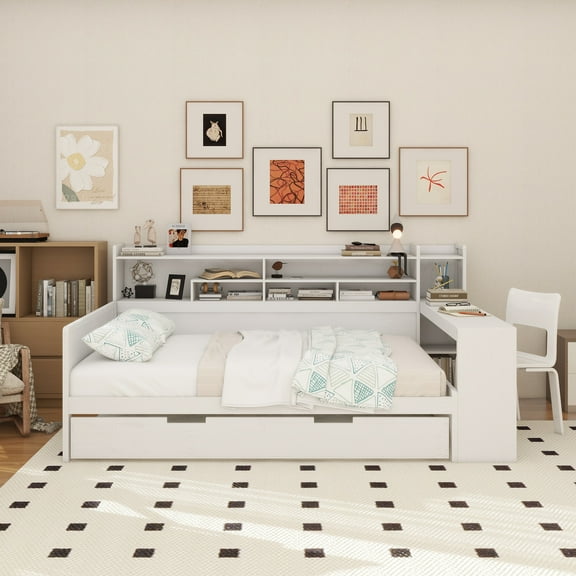 Wooden Full Size Daybed with Storage Shelves, Multi-functional Bed with Twin Size Trundle Bed and Study Desk, Antique White