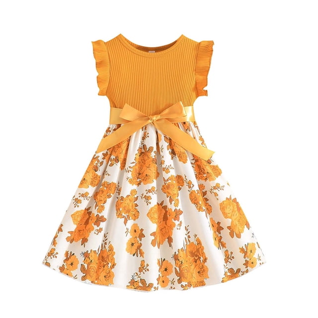 LUOGENLI Robe Codkkre Robe Fille Fleurs Nœud Robes Enfants Manches à Volants Robe Ligne A Robe Fille Été Robe Fille Pâques Robe Col Rond pour Filles Denim Fluide Jaune 3-4 Ans