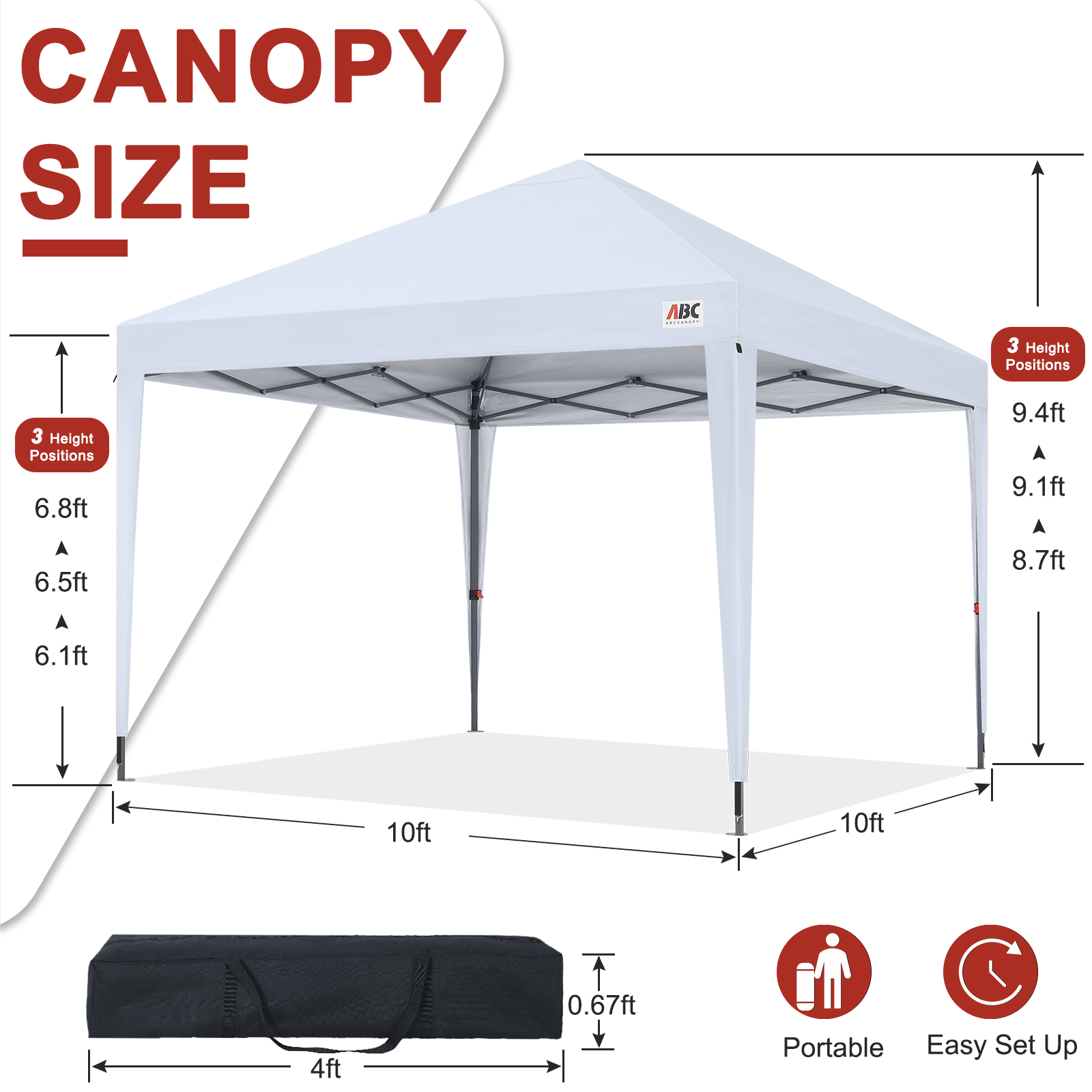 ABCCANOPY 10'x10' White Pop Up Canopy Tent, Adjustable Shade