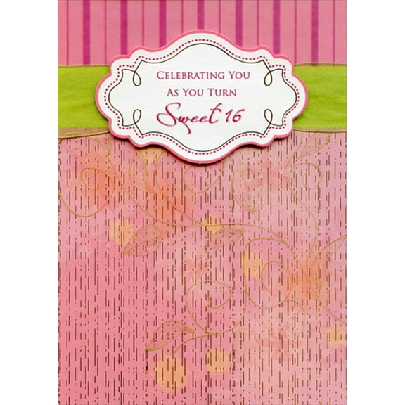 Designer Greetings Gold Foil Vines on Pink, 3D Banner and Green Ribbon Hand Decorated Designer Boutique Keepsake Sweet 16 Birthday Card