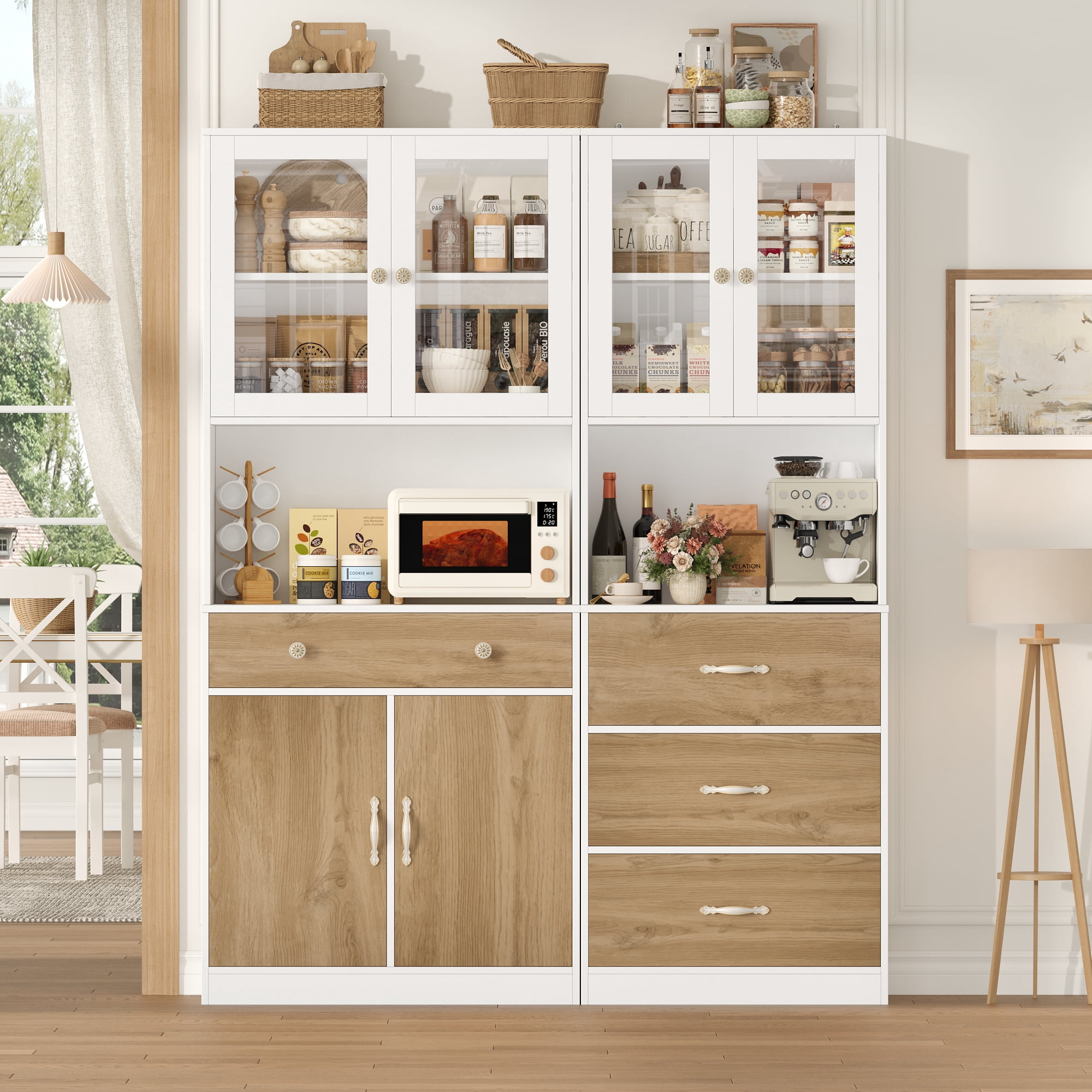 Homfa 71'' Kitchen Pantry Cabinet with Microwave Shelf & Drawer, 4 Doors Pantry Storage Cabinet with Adjustable Shelves for Dining Room, White+ Khaki