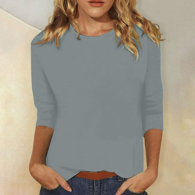 Hauts pour Femmes à Manches 3/4, Coupe Ample Décontractée, Col Rond, T-Shirts Mignons, Tunique Unie à Manches Trois-Quarts, T-Shirt Long pour Femmes, T-Shirt de Course pour Femmes, T-Shirts à Manches Longues pour Femmes, Haut de Course pour Femmes, Petit