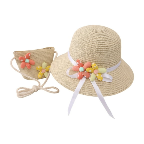 LNMQLPDBS Straw Sun Hat & Shoulder Bag Sets for Kids Summer Straw Hat for Girls Large Brim Beach Hat with Pretty Flower Baby Outdoor Sun Protection Hat Trendy Sunshade Cap for Tourism