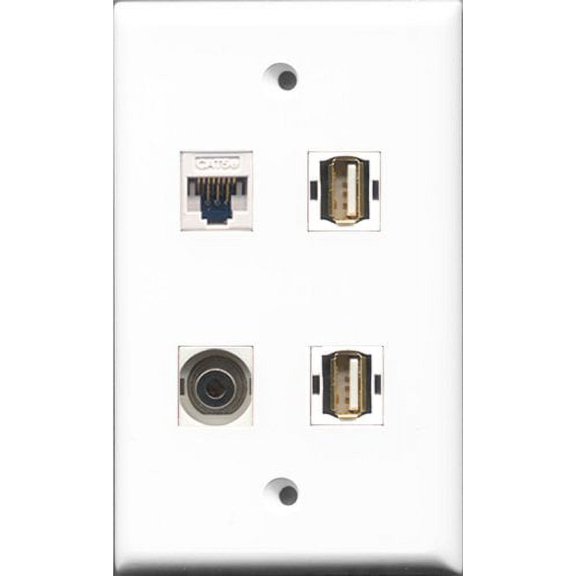 RiteAV - 2 Port USB A-A and 1 Port 3.5mm and 1 Port Cat5e Ethernet White Wall Plate