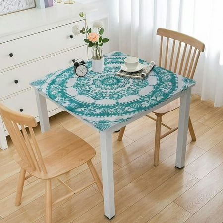 Ullo0ord Aqua Elastic Edged Tablecloth, Mandala Tribal Design Tie Dye Floral Home Decorative Tablecloths, Great for Home Kitchen/Parties/Holiday Dinner, Sea Green White