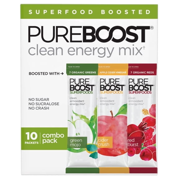 Pureboost Superfoods Clean Energy Booster, Combo Pack 10 Count, Refreshing Energy Drink Mix with Apple Cider Vinegar 7 organic Red or Green Superfoods. Sugar-Free, No Sucralose, Electrolytes