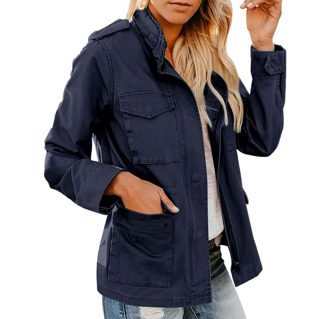 Duoif Veste pour Femmes Veste Utilitaire Col Montant Parka Légère avec Multiples Poches Vestes d'Automne pour Femmes Bleu Foncé TP