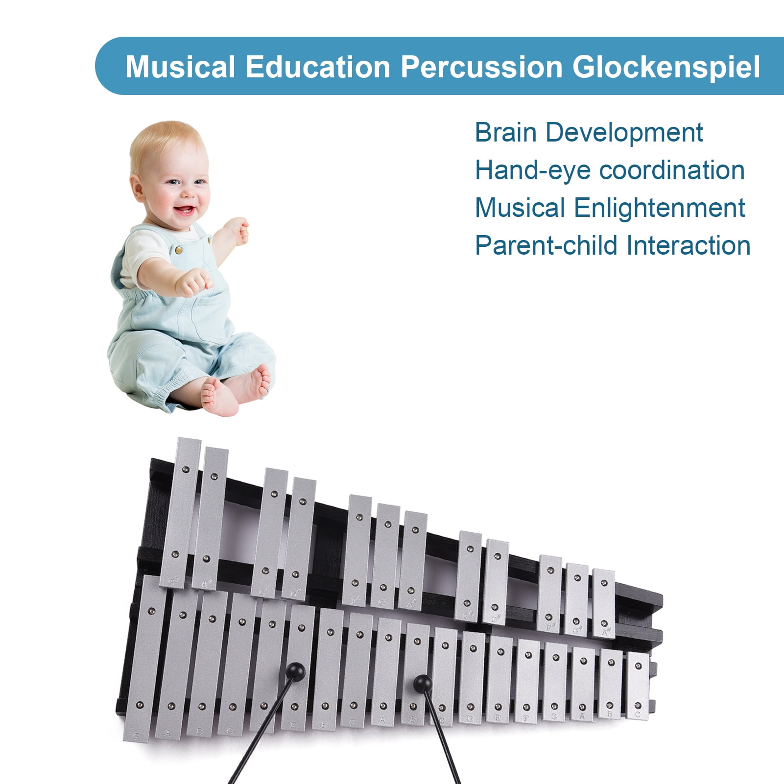 Dcenta 30 Note Foldable Glockenspiel Xylophone with Wood Base, 2 Mallets, Carrying Bag, Professional Percussion Instrument for Adults Kids
