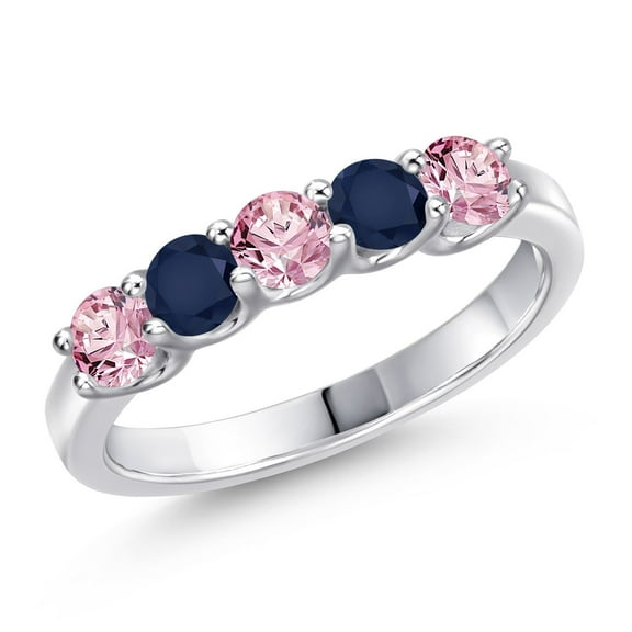 Gem Stone King 925 Sterling Silver Pink Lab Grown Diamond and Blue Sapphire Wedding-Bands Ring for Women | 0.98 Cttw | Round 3.5MM | Gemstone April Birthstone | Size 5