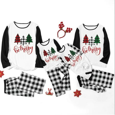 

Biekopu Christmas Matching Family Pajamas Set Xmas Sleepwear Parent-Child Nightwear Santa Claus Print Tops + Plaids Trousers