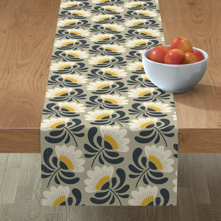 

Cotton Sateen Table Runner 72 - Large Flowers White Vintage Yellow Floral Grey Blossoms Print Custom Table Linens by Spoonflower