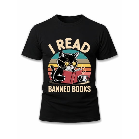 Greenink Cat Reads Banned Books Tee Men's graphic t shirts black funny graphic fun and playful, cool T-shirt, funny T-shirt Fashion Unisex Shirt Cotton tshirts