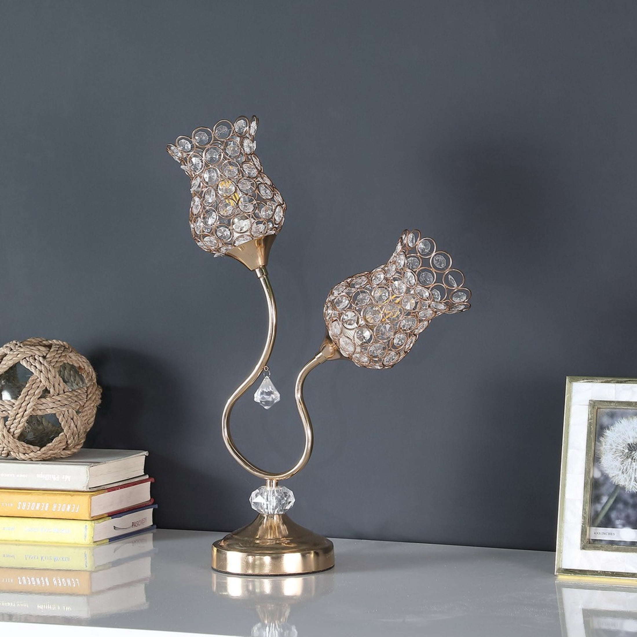 Noble House 18.75" 2-Floral Trumpet Table Lamp, Wire Cage Shades, E12 Candelabra Bulbs, Glam Metal, Rose Gold