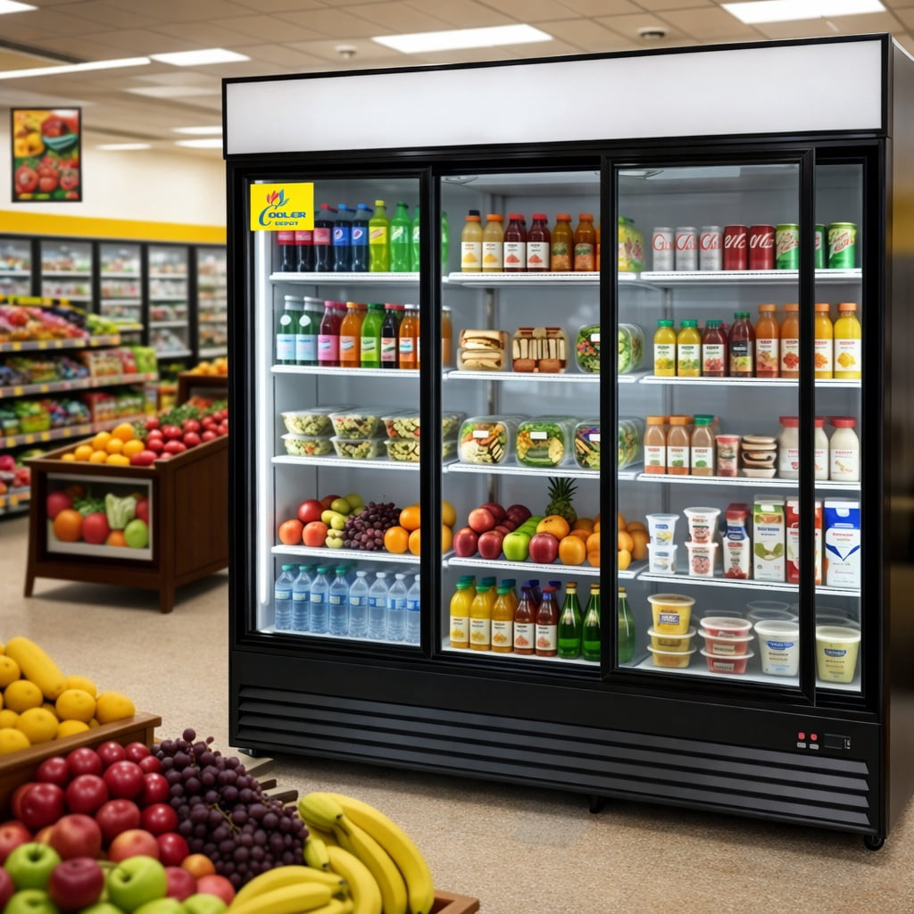 Cooler Depot 74 in. W 55.7 cu. ft. Commercial Refrigerator Reach In Merchandiser Cooler with Three Sliding Glass Doors in Black Frame Cooler Depot
