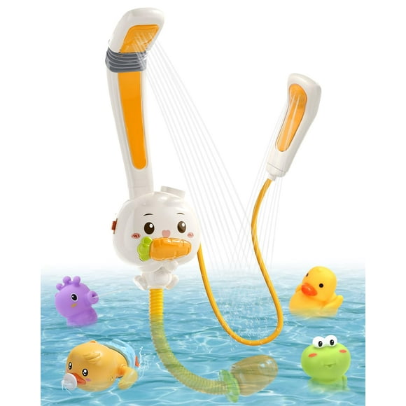 CUTE STONE Jouets de Bain pour Bébé Lapin avec 2 Pommes de Douche, Jouet de Pulvérisation d'Eau pour Baignoire Électrique avec Pile Rechargeable, Animaux Flottants Qui Giclent, avec