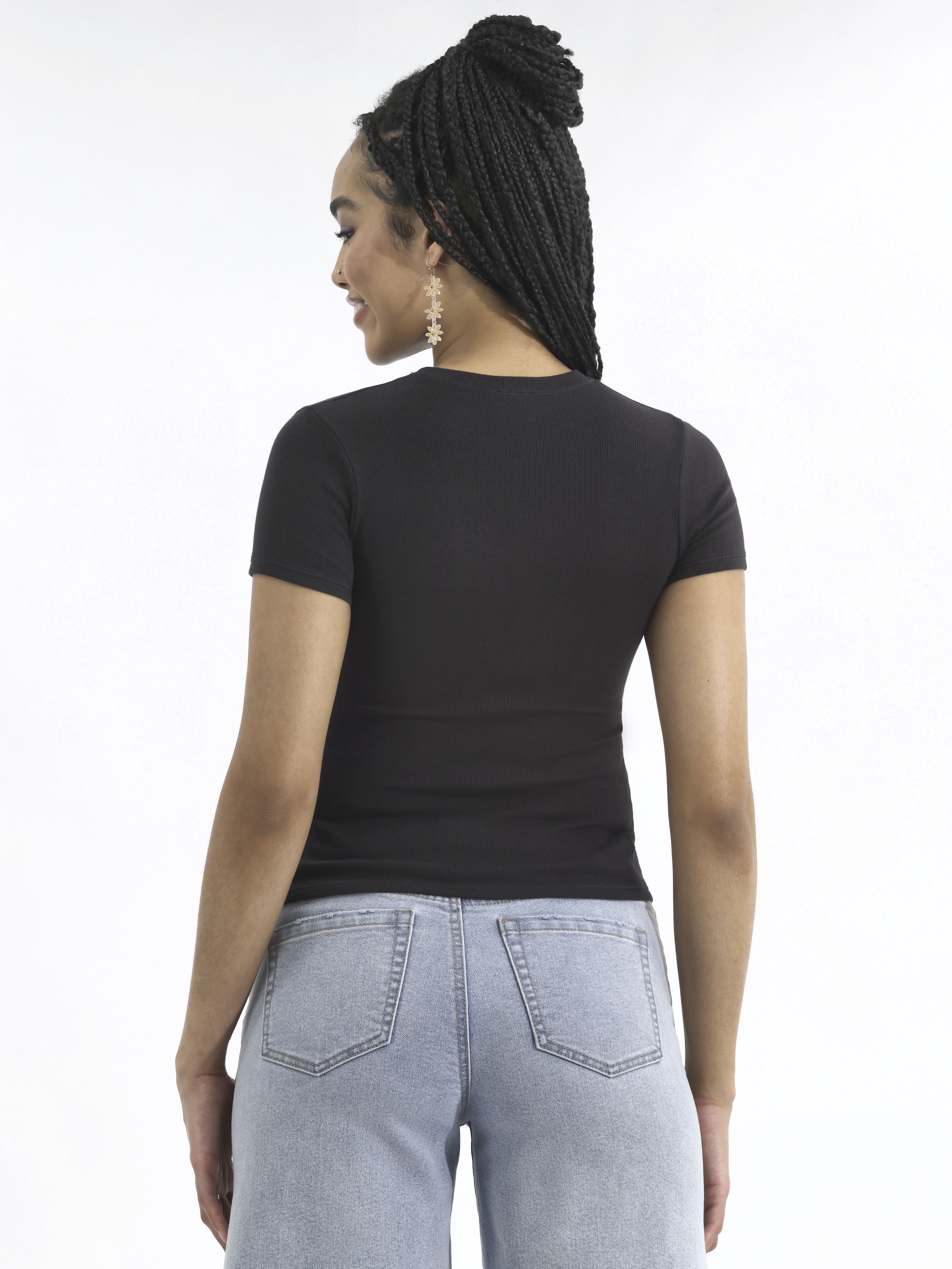 No Boundaries Cotton Stretch Ribbed Tee with Short Sleeves, Women's XS-3XL