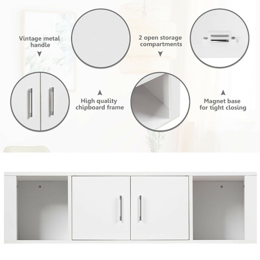 Finihen Floating Shelves, Modern Hanging Shelf for Wall Decor, Wall Mounted Floating 2 Door Desk Hutch Storage Shelves, for Living Room, Bedroom, Kitchen, White