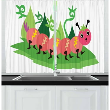 Caterpillar Curtains 2 Panels Set, Happy Animal with Cheerful Character Strolling in the Field, Window Drapes for Living Room Bedroom, 55W X 39L Inches, Green Dark Green Pale Pink, by Ambesonne