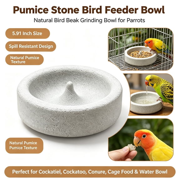 Pumice Stone Bird Feeder Bowl- Natural Bird Beak Grinding Bowl, 5.91 Inch, Spill Resistant Design, Bird Cage Food Water Bowl, Parrot Feeder for Cockatiel Cockatoo Conure