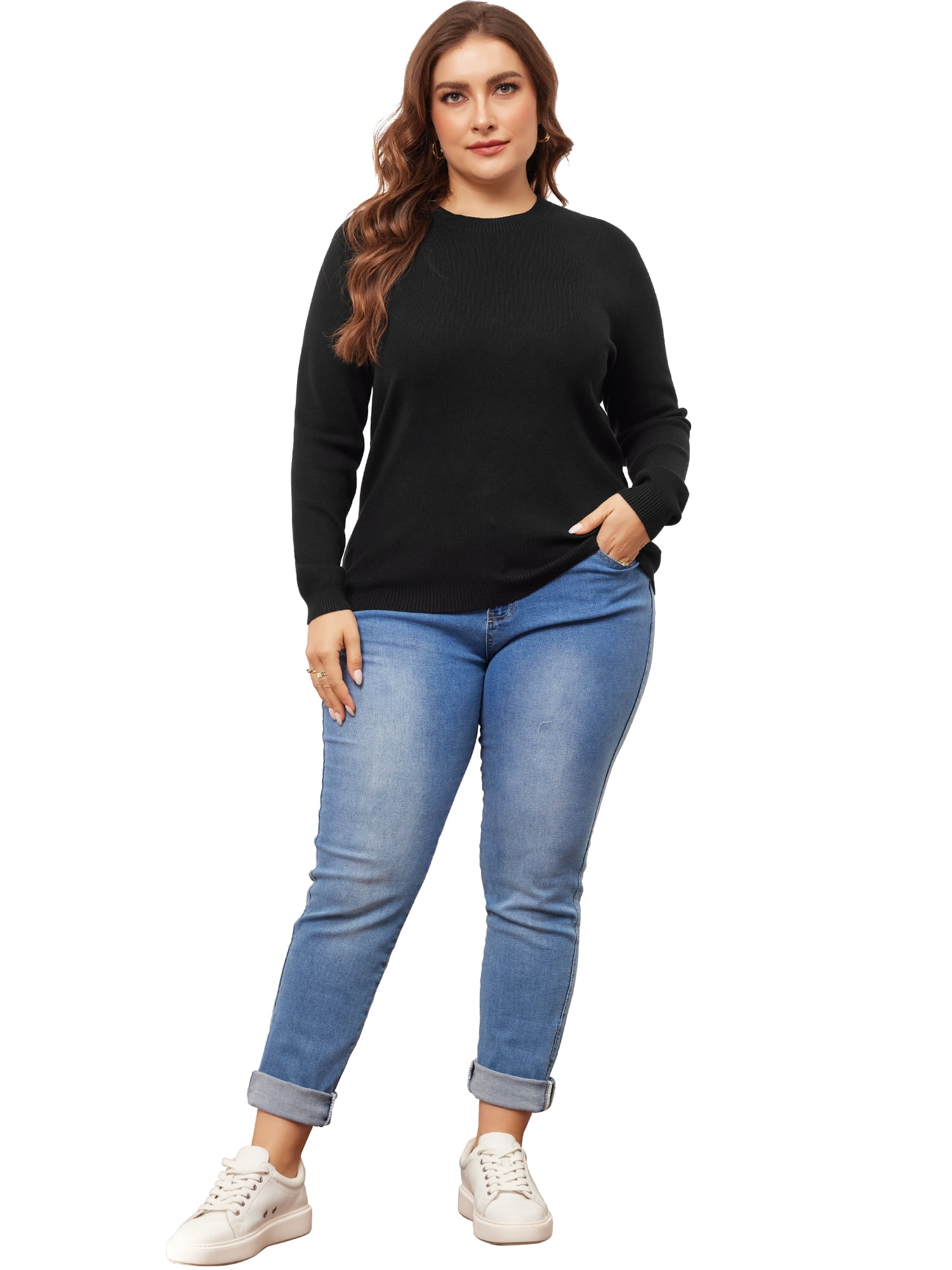 DARING DIVA Plus Size Long Sleeve Crewneck Sweater Fall Casual Tops 1X Black