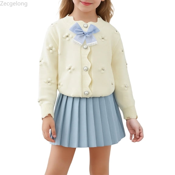 Zecgelong Girls' Cardigan Bow Cute Skirt Sweater (3Y 8Y) Girls Long Sleeve Set for Girls 4-5 Years