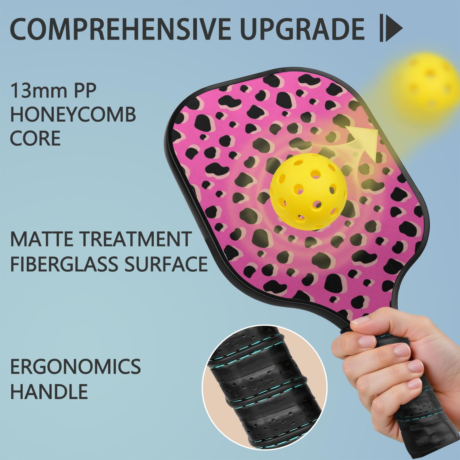 Pickleball Paddles Set Of 1, Fiberglass Surface, Animal, Leopard Print, 1 Paddle, 2 Balls & Bag