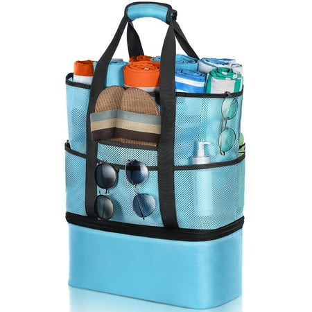 

MOVTOTOP 2 in 1 Beach Bag with Thermal Insulation Bag Mesh Tote Travel Bag Storage Pouch for Summer Beach Picnic Swimming Pool (Light Blue)