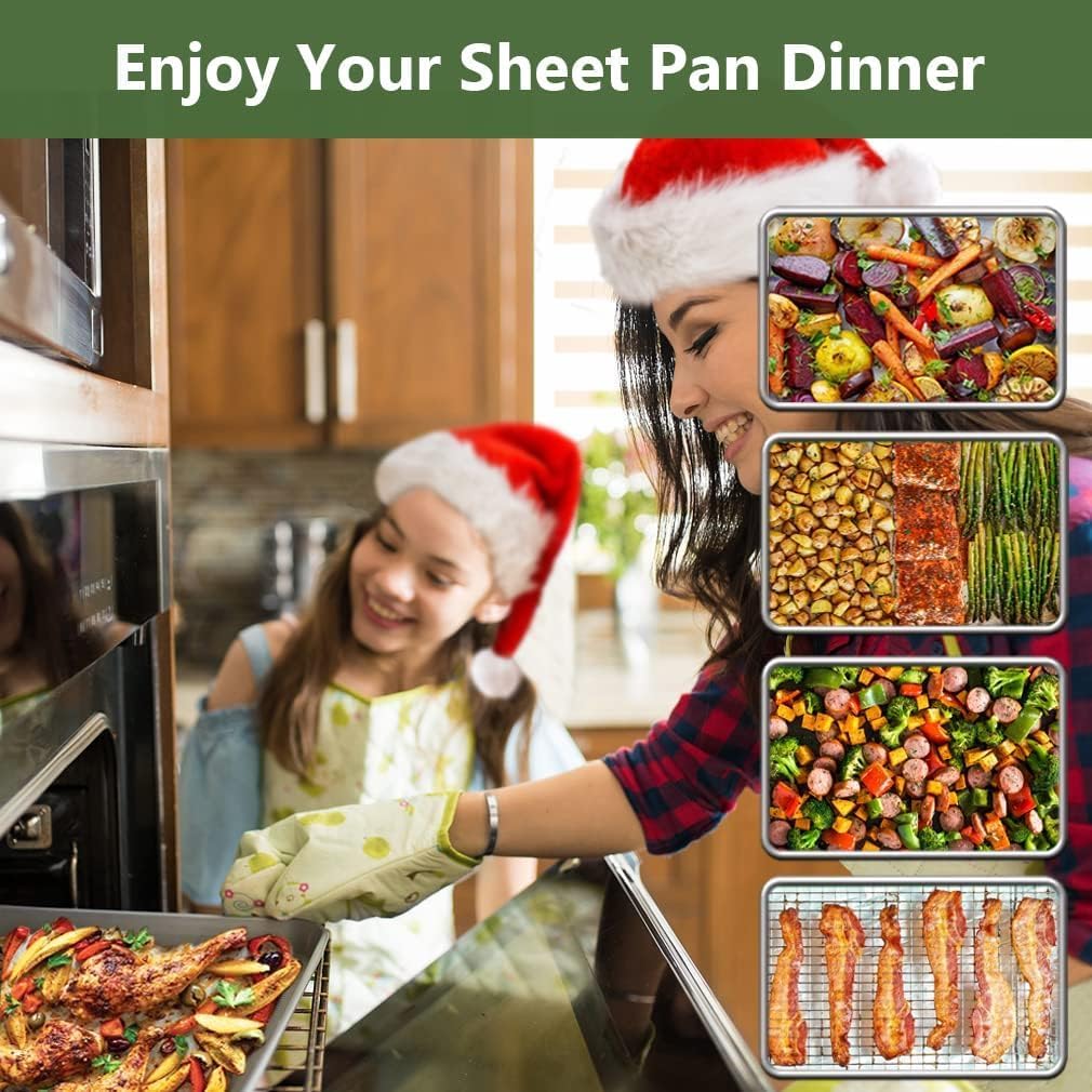 Baking Sheet with Rack Set (2 Pans + 2 Racks), Stainless Steel Cookie Sheet with Cooling Rack, Nonstick Baking Pan, Warp Resistant & Heavy Duty & Rust Free, Size 16 x 12 x 1 Inches