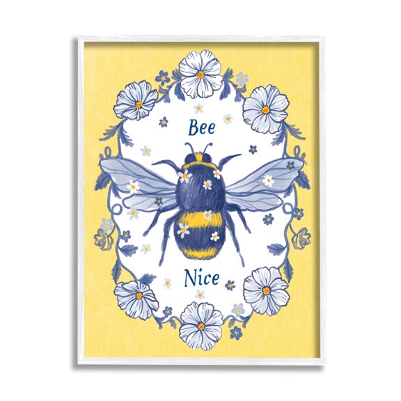 Bee Nice Floral Insect Wreath Animals & Insects Graphic Art White Framed Art Print Wall Art