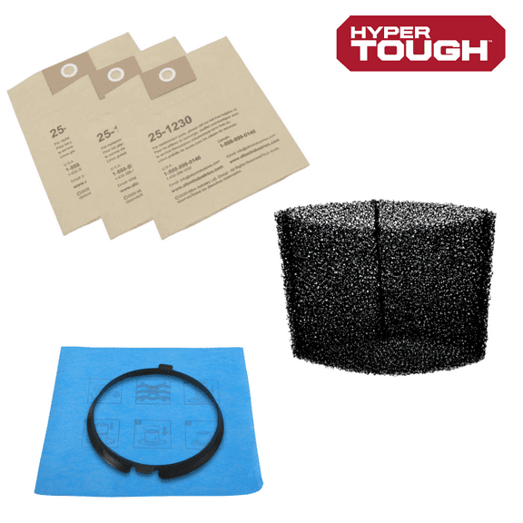 Hyper Tough 3 Gallon Wet/Dry Vac Filter Replacement Bundle - High-Efficiency Disposable Bag 3-Pack, Foam Filter, Cloth Filter & Clamp