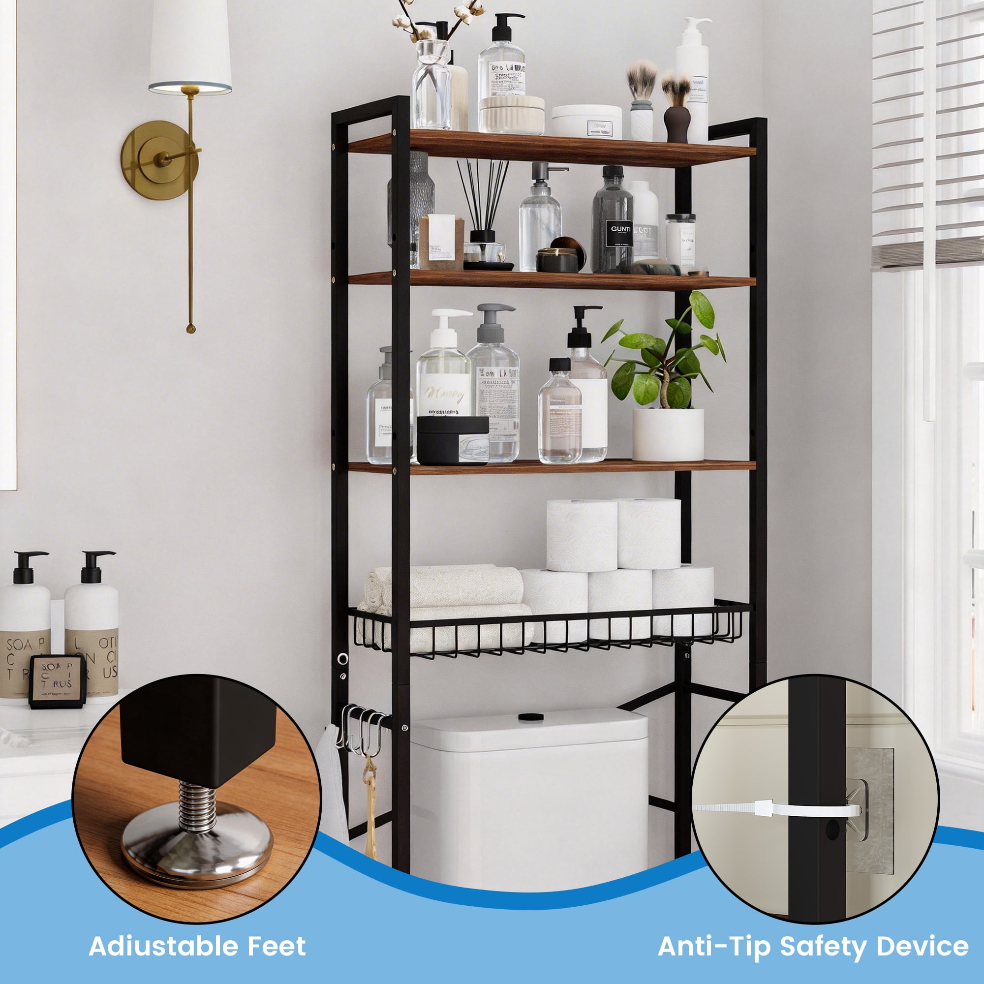 GARITIN Over The Toilet Storage Shelf, 4-Tier Bathroom Organizer with Hooks & Toilet Paper Holder, Over Toilet Storage Rack for Small Bathroom, Black
