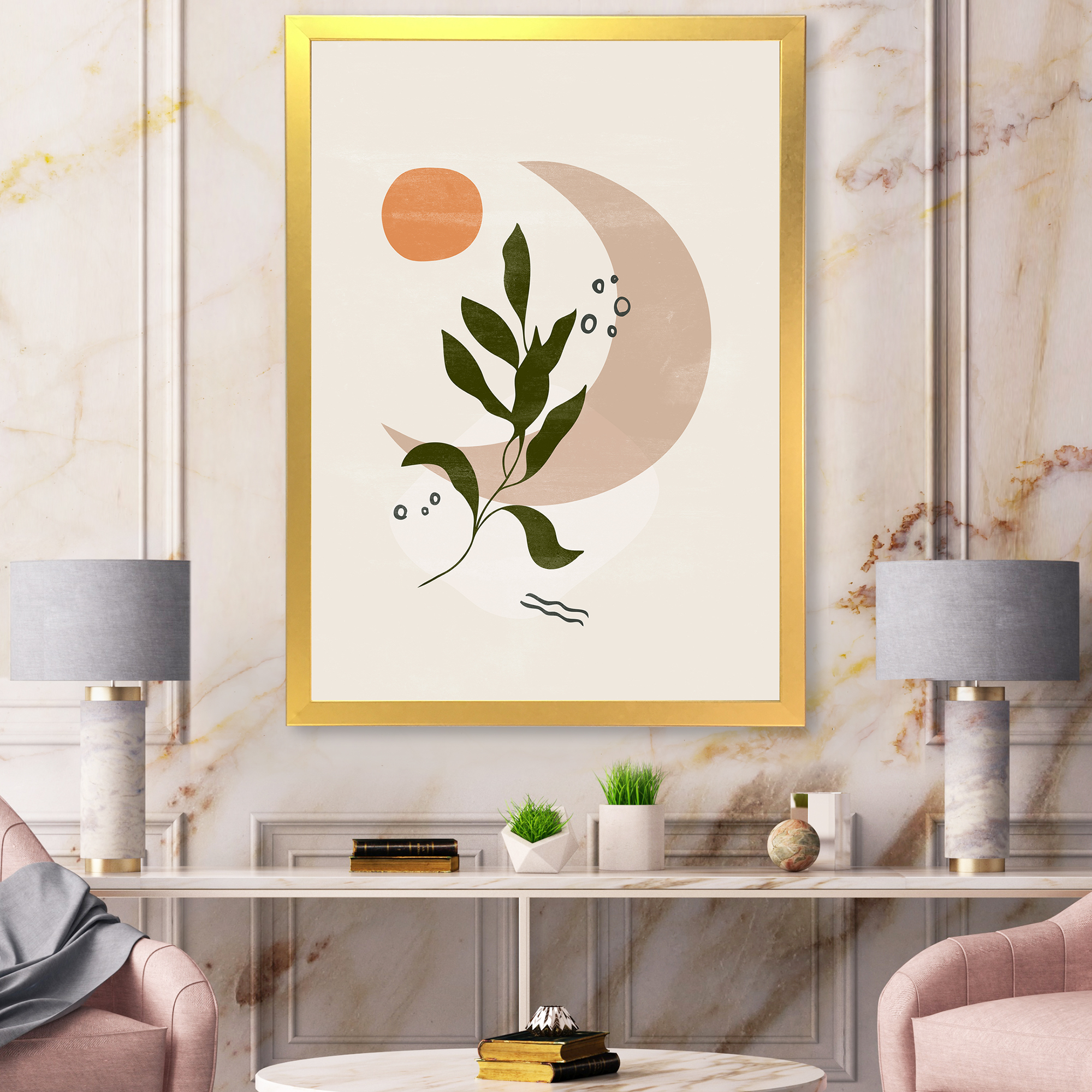 Designart 'Abstract Geometrical Leaf With Moon I' Modern Framed Art Print