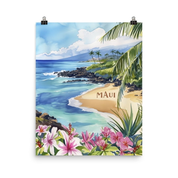 Maui Beach Print, Hawaiian Coastal Wall Art, Tropical Island Poster, Hawaii Travel Decor, Ocean Seaside Artwork, Honolulu Lahaina Home Decor #4135, Unframed Poster Size 8x12