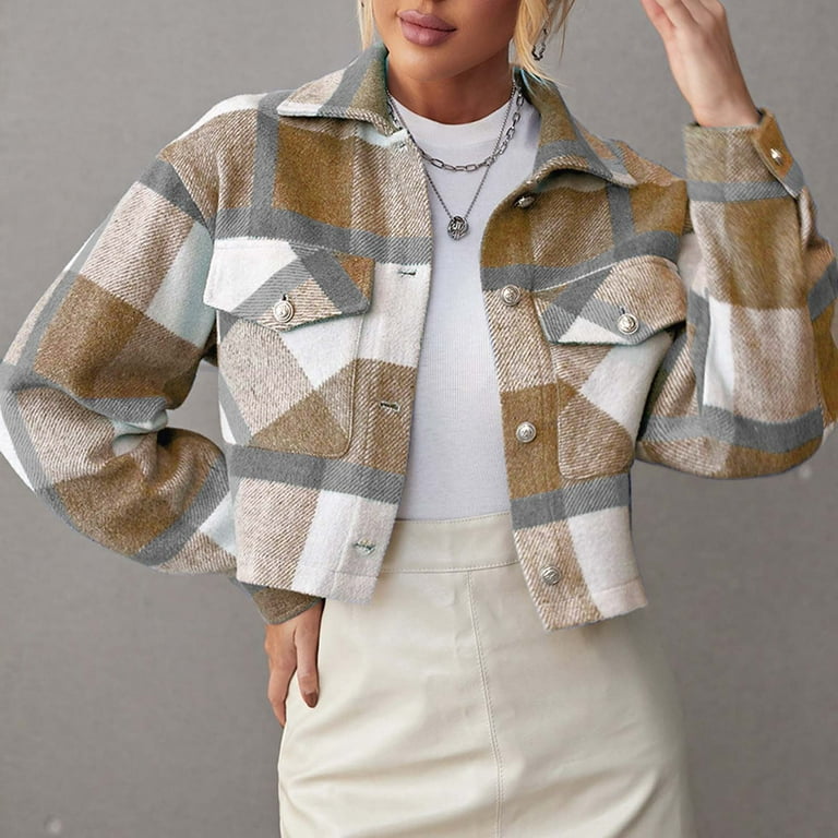Amidoa Women's Lapel Plaid Cropped Flannel Shacket Jacket