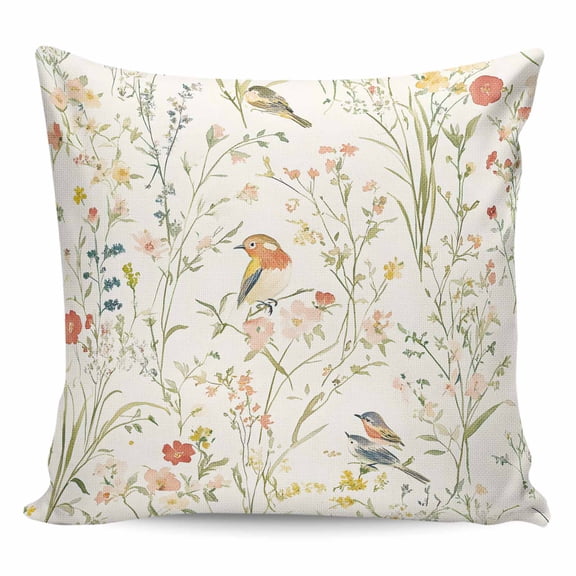 Throw Pillow Covers 24x24 Inch, Spring Floral Decorative Pillow Cases for Couch Sofa Bed, Summer Birds Botanical Country Pastoral Cotton Linen Square Home Decor Pillowcases with Hidden Zipper